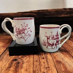 Williams Sonoma Red Holiday Toile Mugs Coffee Cup Winter Woodland Deer Stag Bird